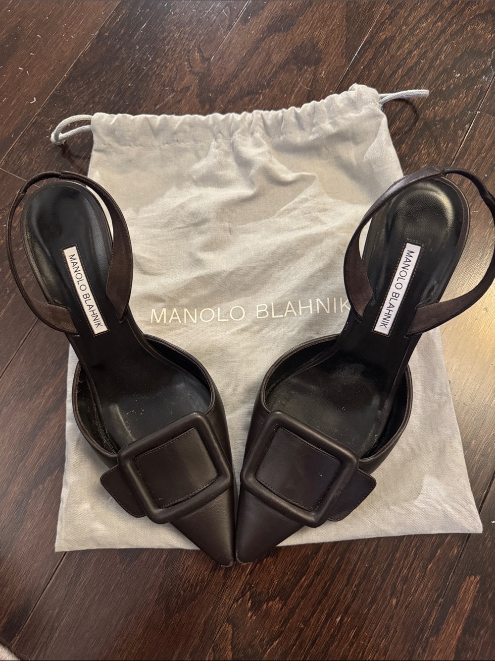 Manolo Blahnik Maysli Dark Brown Pointed Slingback Pumps with Buckle